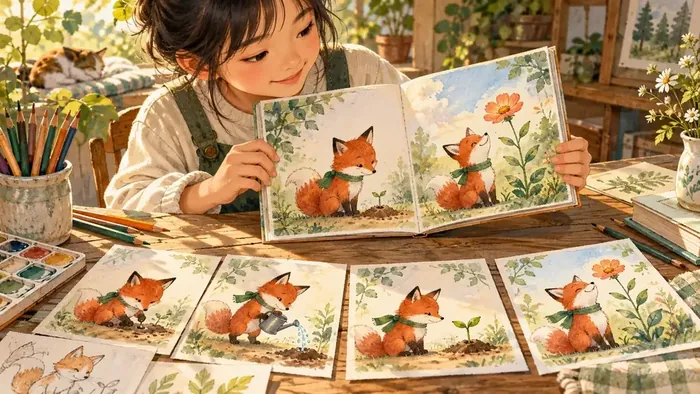 桌上打开的连续故事绘本、角色草稿和绘画材料