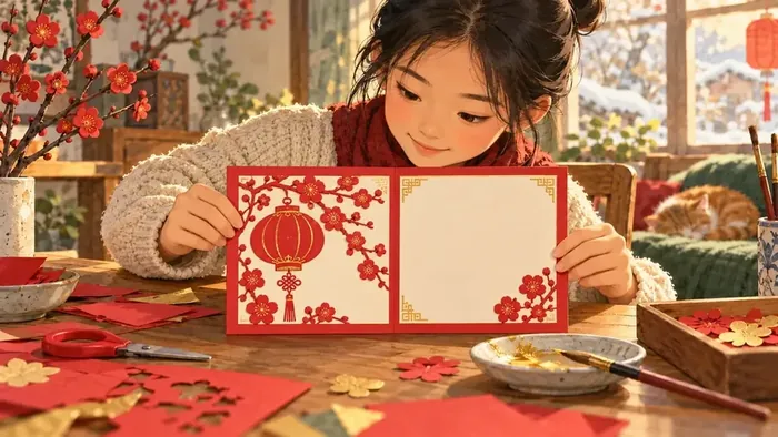 正面展开的平直贺卡，两页等宽，中缝笔直，红色边框配灯笼与梅花