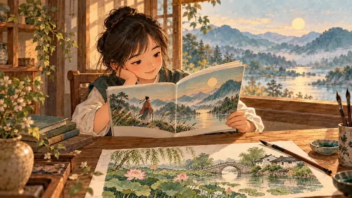 女孩阅读的书页呈现行旅人物与山水，桌面独立画稿描绘粉莲荷塘、石拱桥、柳影和白墙黛瓦水乡